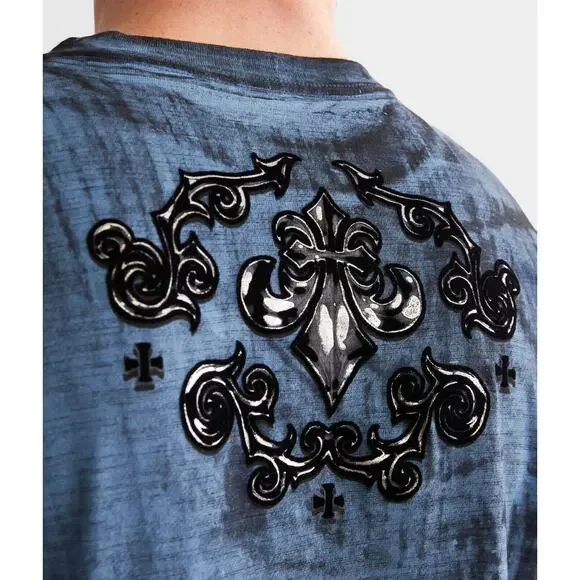 Affliction Clothing Men's T-Shirt Polaris Felt Graphic Blue/Black Dip Dye Tee - Picture 4 of 8